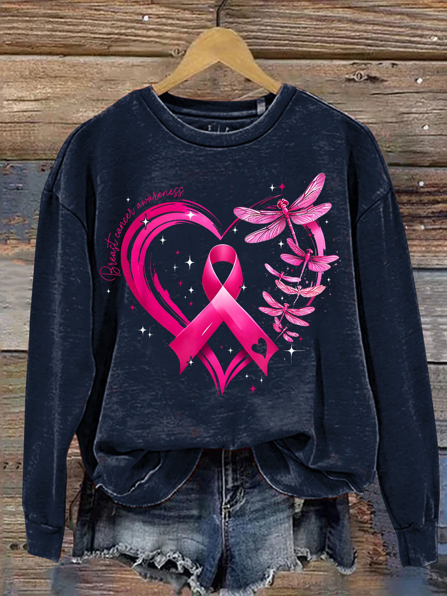 Breast Cancer Awareness Dragonfly Heart Print Casual Sweatshirt
