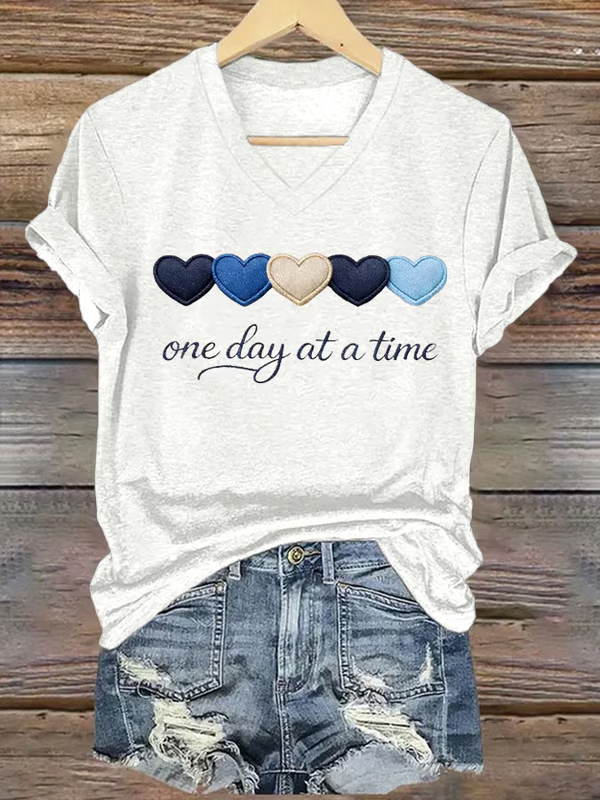 One Day At A Time Heart V-neck Casual T-shirt