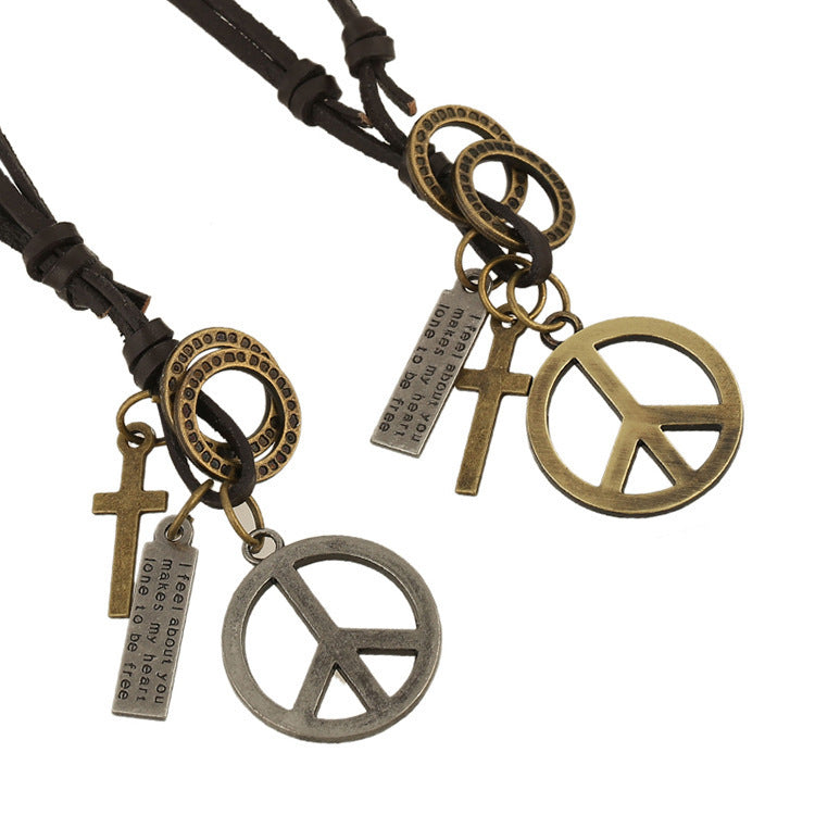 Peace sign Leather Vintage sweater chain