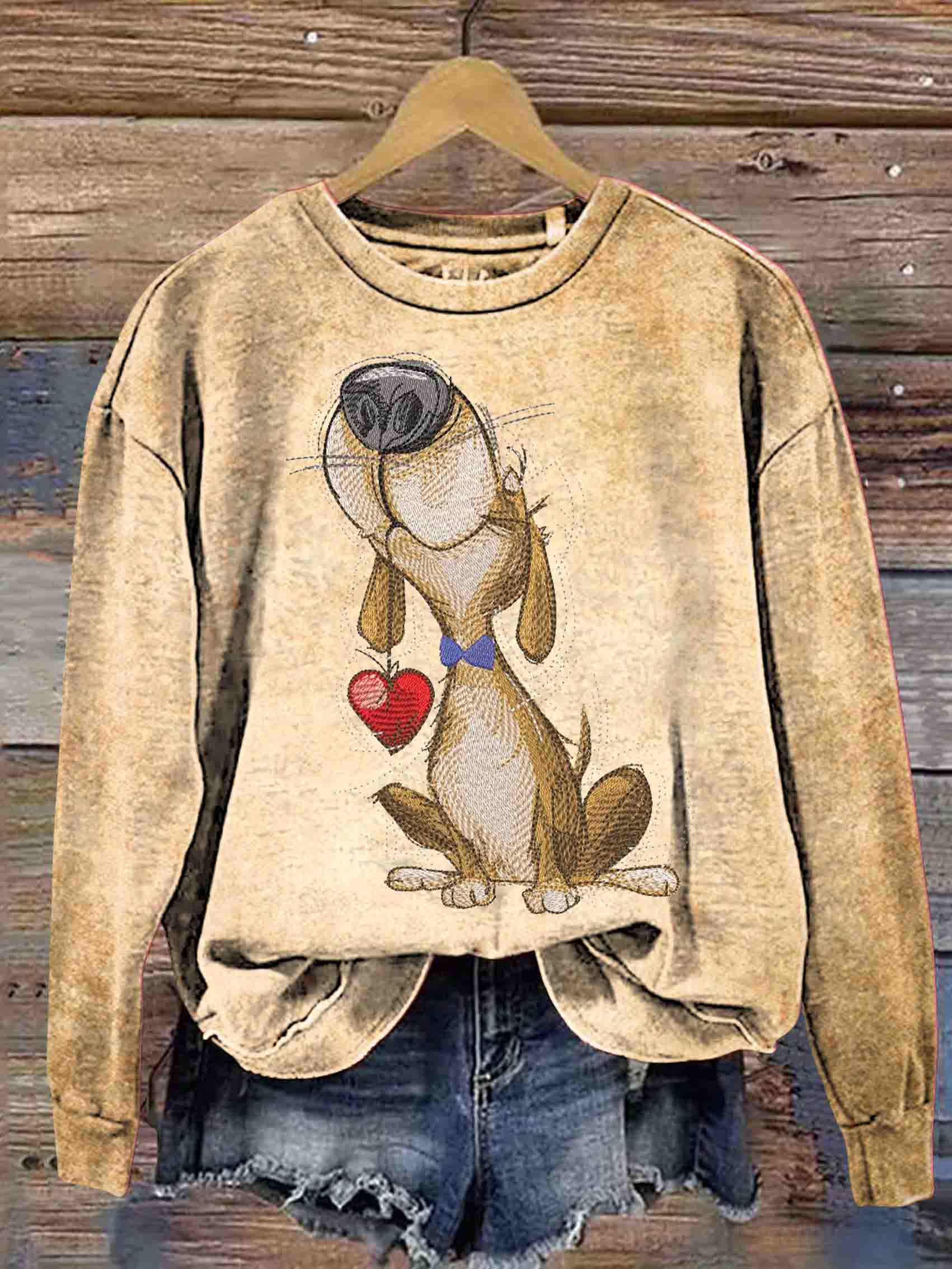 Funny Dog And Heart Art Vintage Print Casual Sweatshirt