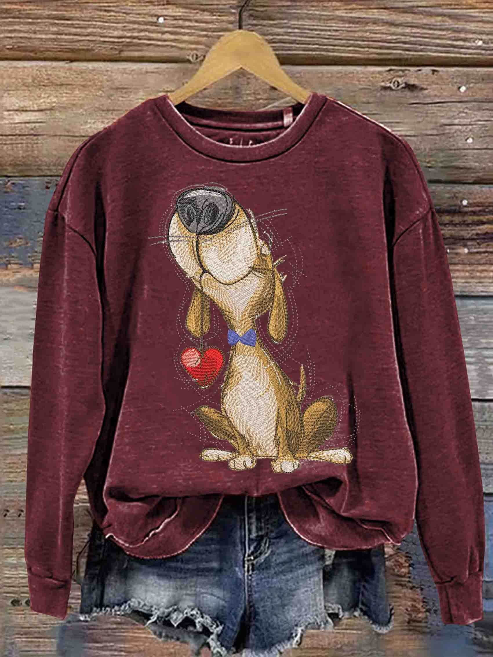 Funny Dog And Heart Art Vintage Print Casual Sweatshirt