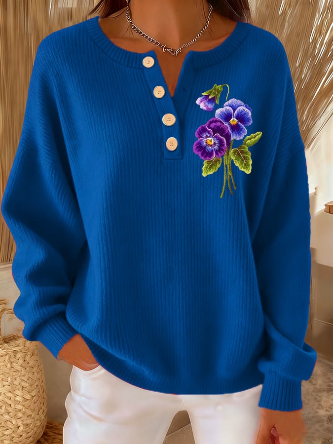Women's Casual Purple Floral Button-Down Knitted Top