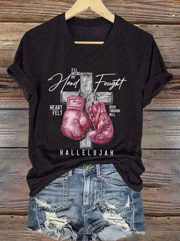 Women's I'LL Bring My Hand Fought HEART FELT BEEN THROUGH HELL HALLELUJAH Breast Cancer Awareness V-neck Casual T-Shirt