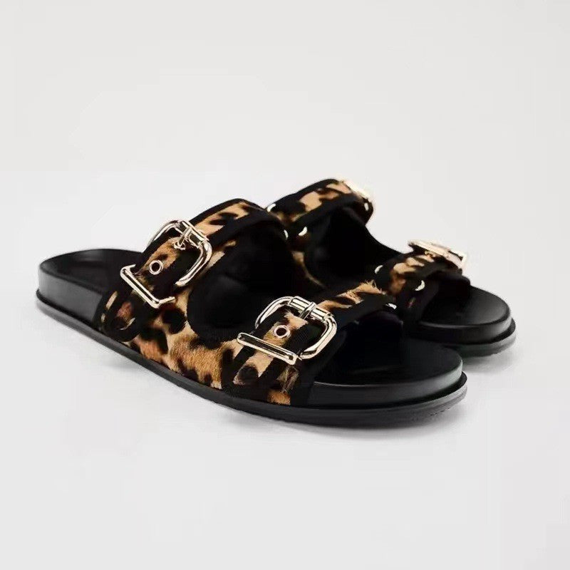 Leopard Double Duckle Open Toe Flats Sandals