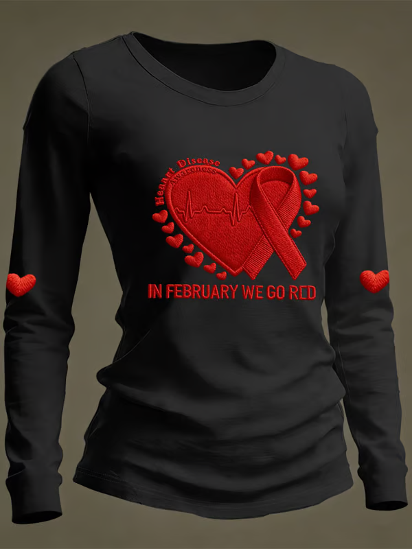 Women's In February We Go Red Heart Disease Awareness Casual Long-sleeved T-shirt