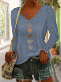 Women's Spring/Fall Heart Print Casual V-neck Long Sleeve T-shirt