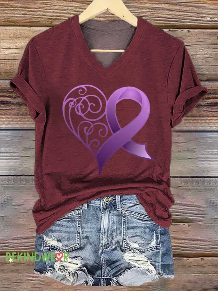 Women's Heart Purple Ribbon Alzheimer's Awareness V-neck Casual T-Shirt
