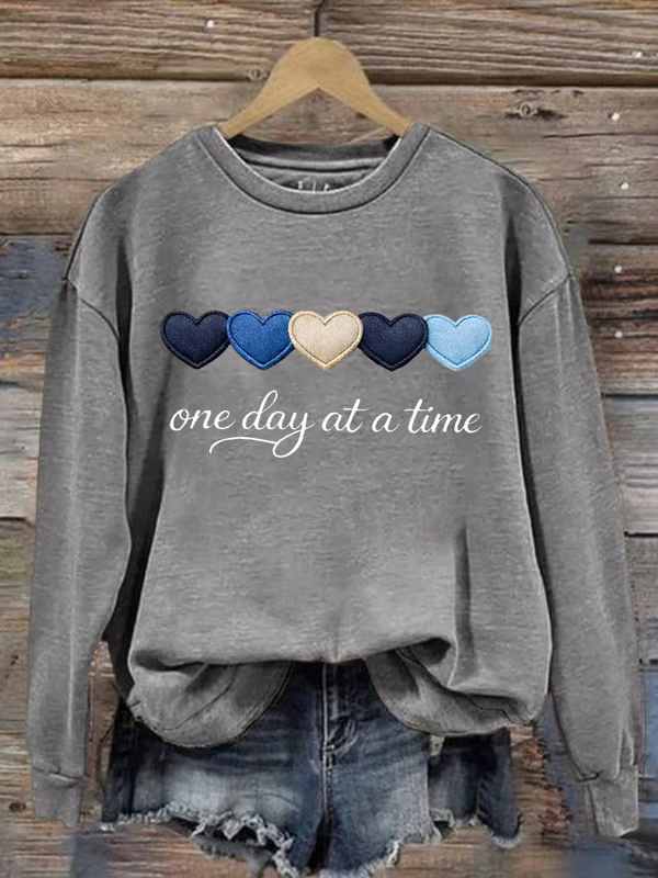 One Day At A Time Heart Print Casual Sweatshirt