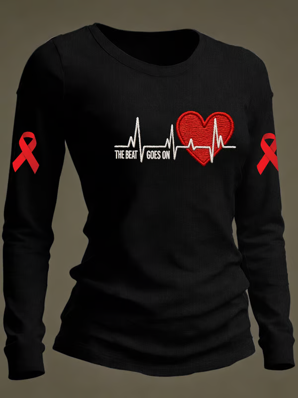 Women's The Beat Goes On Heart Disease Awareness Casual Long-sleeved T-shirt