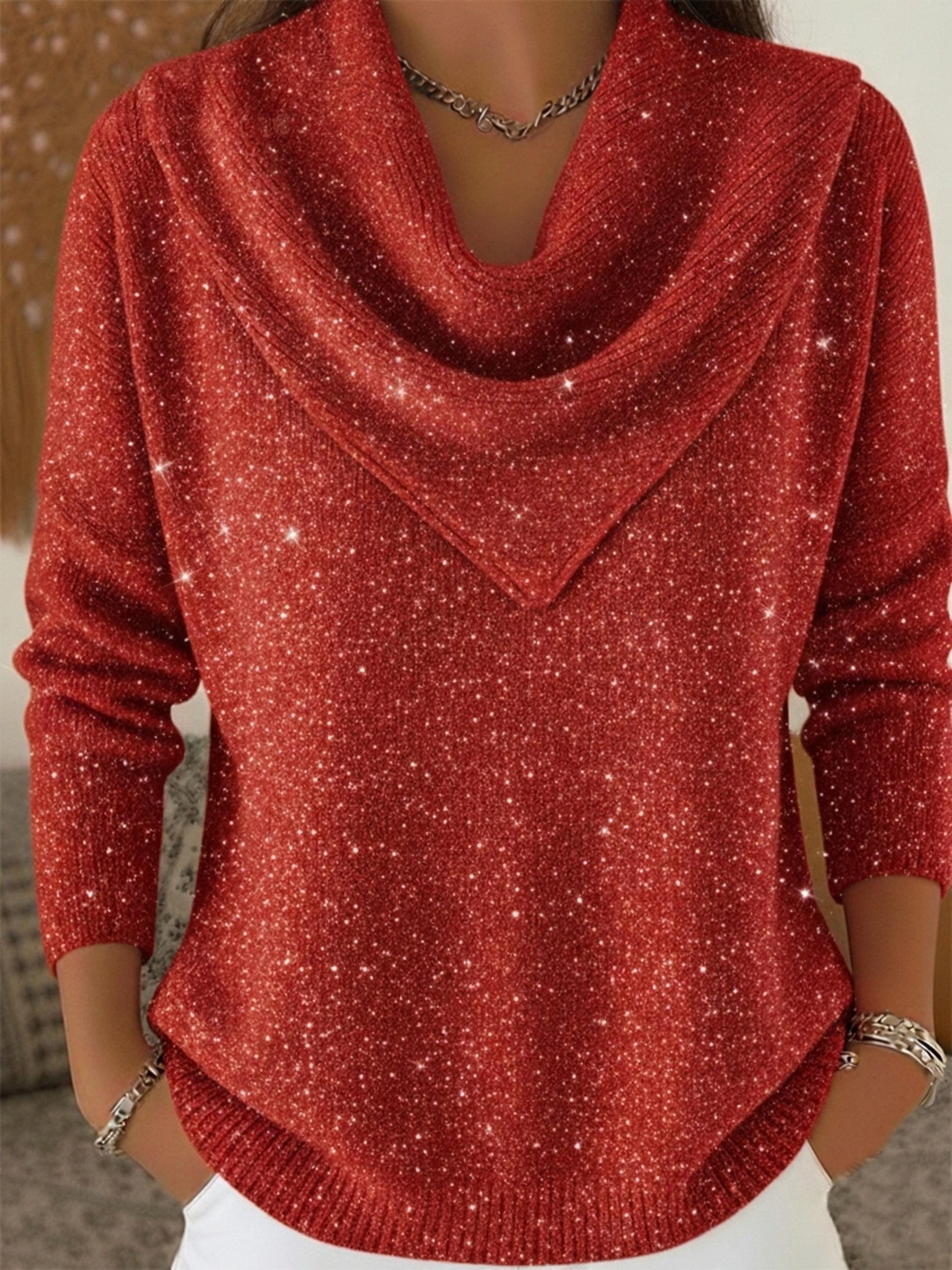 Vintage Soft Triangle Neck Sequined Shiny Sweater Top