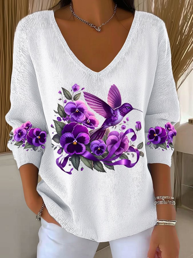 Women's Casual Alzheimer's Awareness Purple Hummingbird Print Long Sleeve T-Shirt