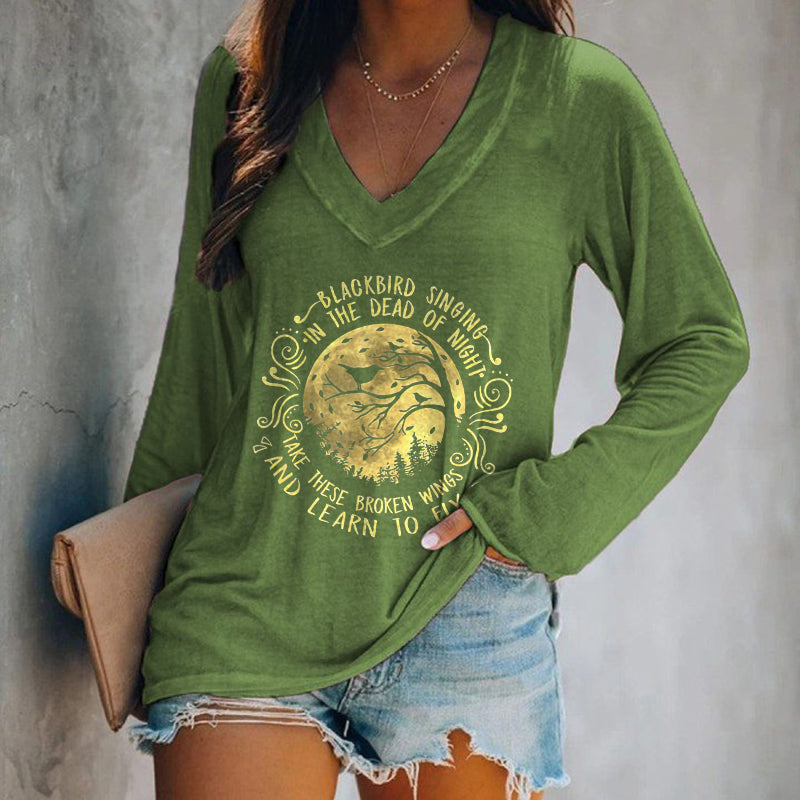 Blackbird Singing In The Dead Of Night Printed Women's T-shirt