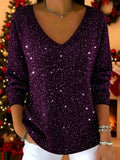 Women's V-neck Solid Color Loose Shiny Sweater