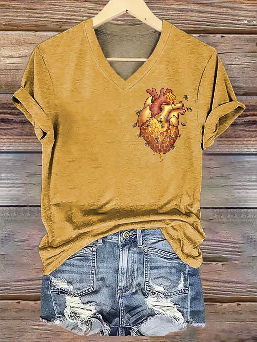 Women's Bee Heart Art V-neck Casual T-Shirt