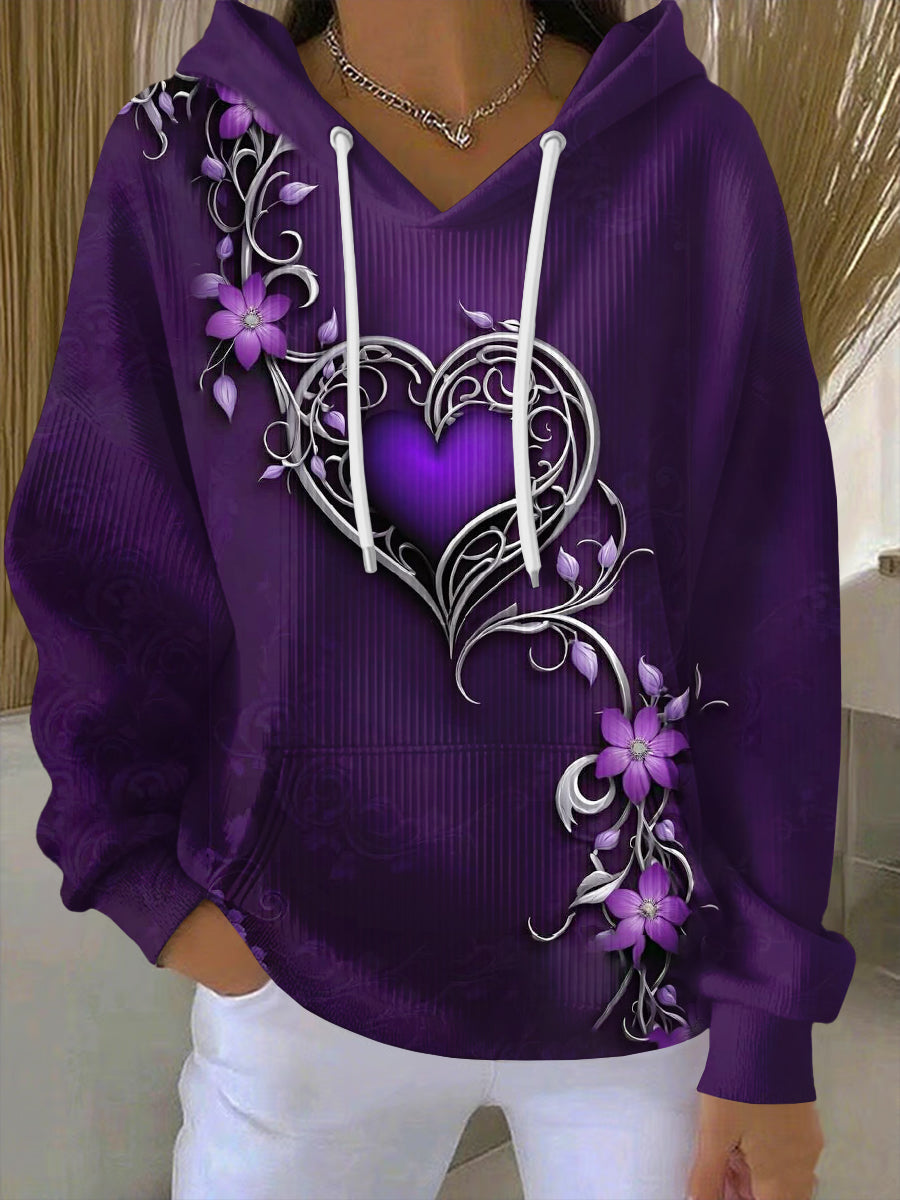 Vintage Purple Floral Art Print Casual Hoodie