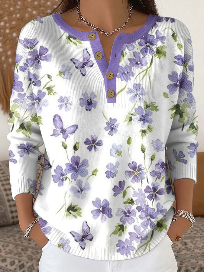 Women's Purple Floral Print Knit Button-Up Top