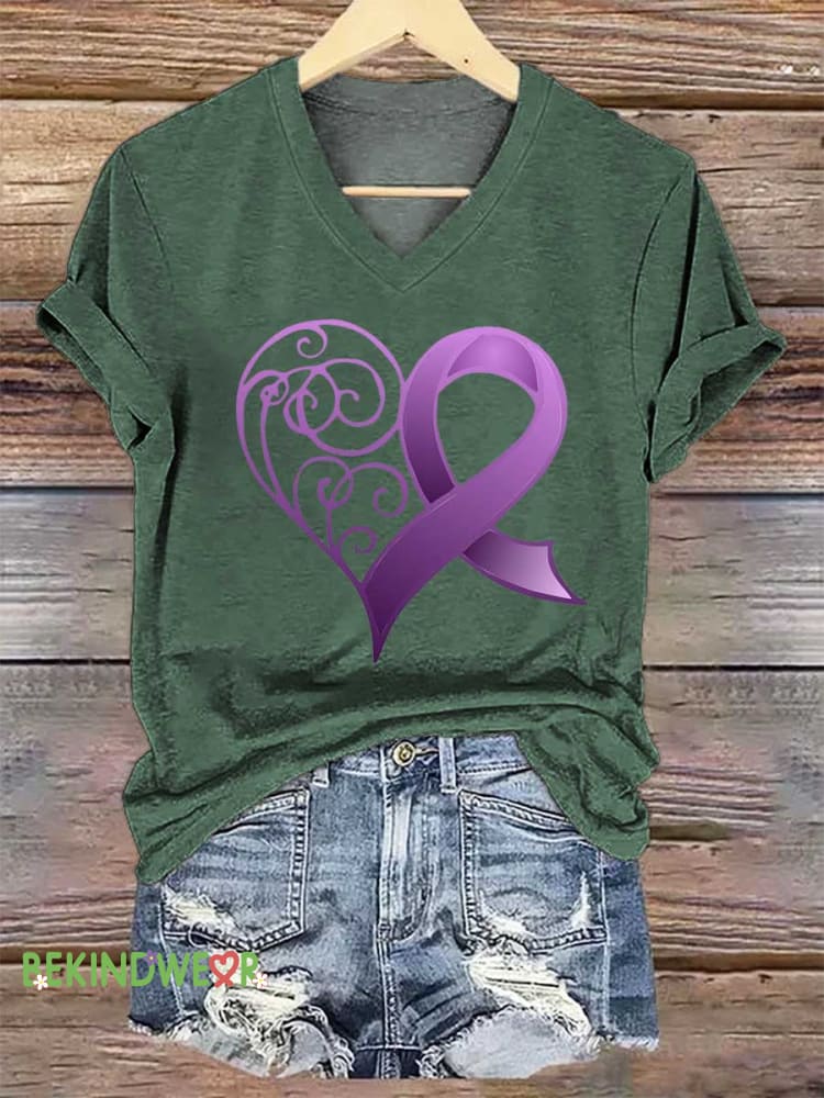Women's Heart Purple Ribbon Alzheimer's Awareness V-neck Casual T-Shirt