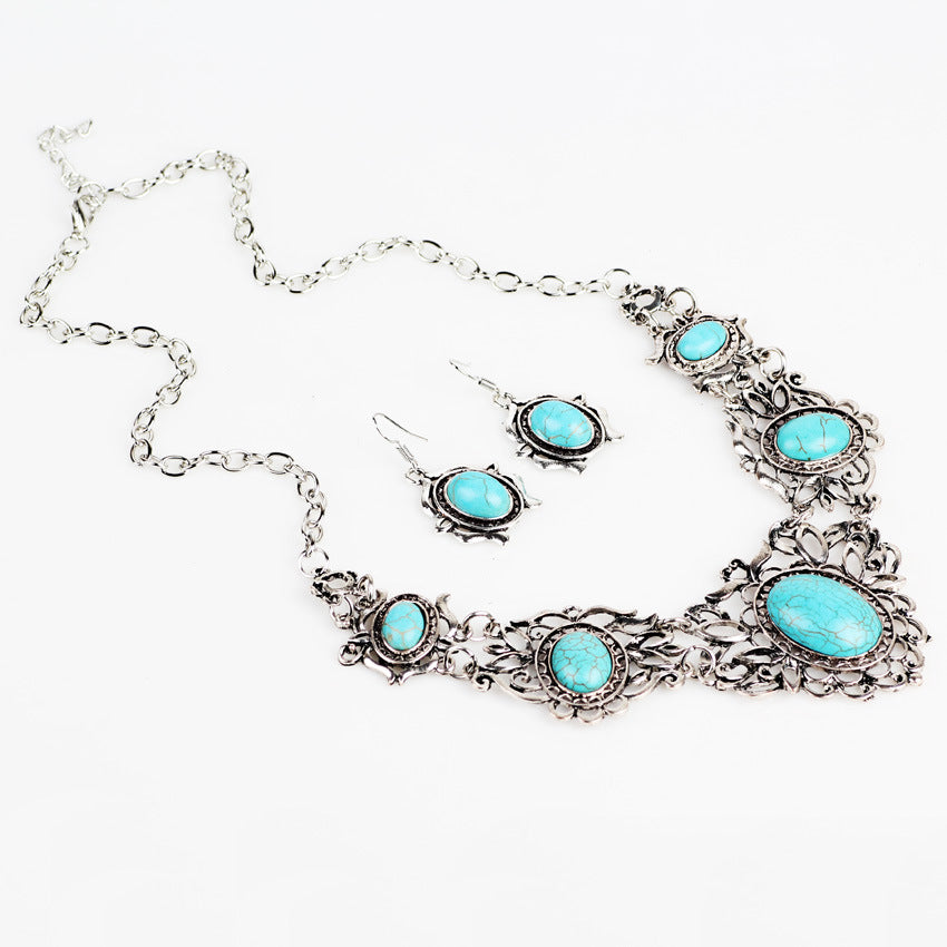 Turquoise Design Retro Elegant Necklace With Earrings