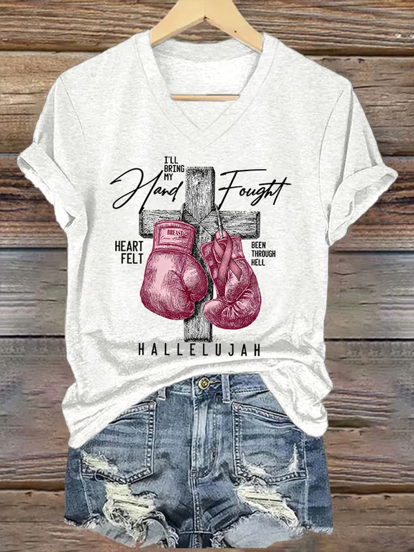 Women's I'LL Bring My Hand Fought HEART FELT BEEN THROUGH HELL HALLELUJAH Breast Cancer Awareness V-neck Casual T-Shirt