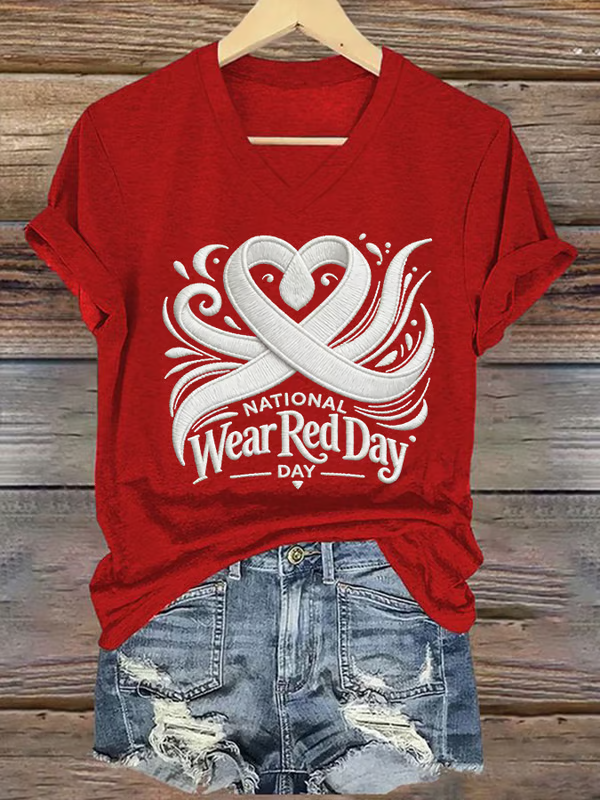 Heart Disease Awareness National Wear Red Day V-neck Casual T-shirt