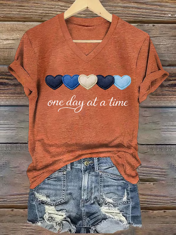 One Day At A Time Heart V-neck Casual T-shirt