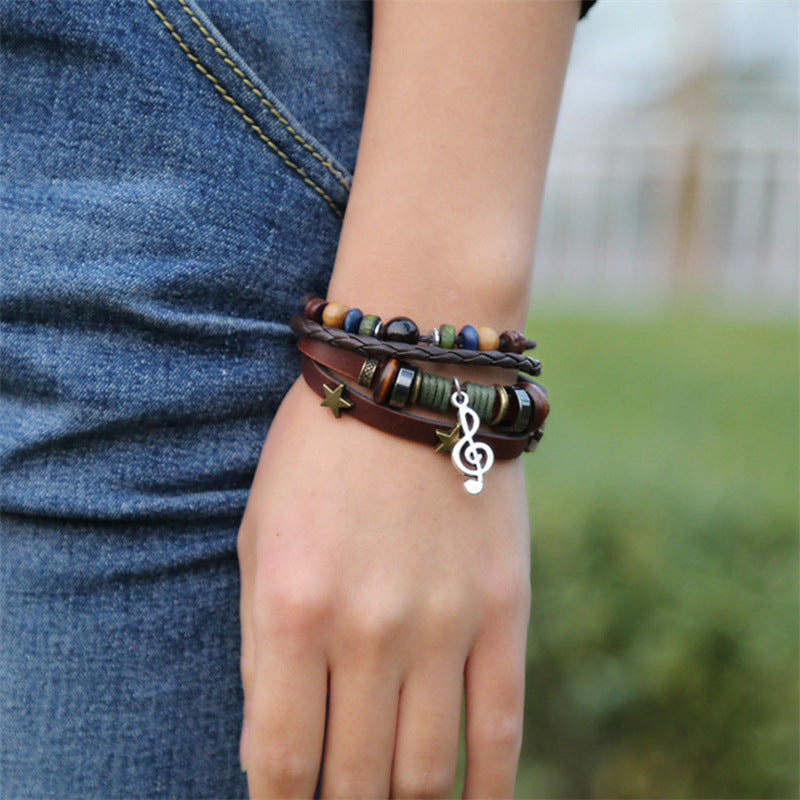 Beaded Alloy Notes Leather Vintage Cowhide Bracelet