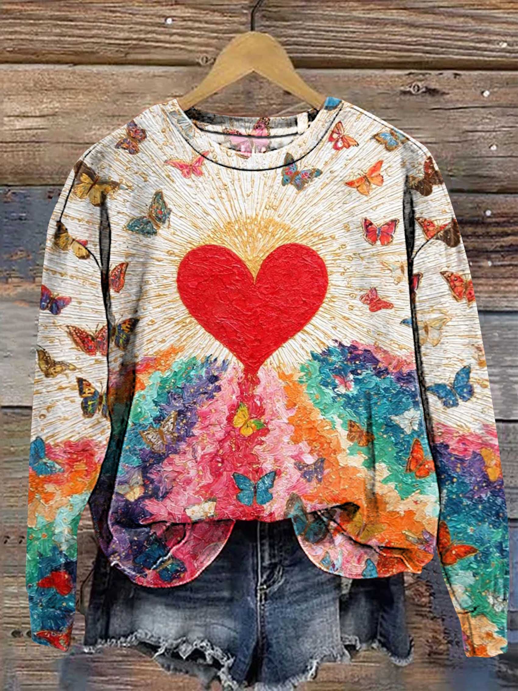 Heart Butterflies Floral Print Casual Sweatshirt