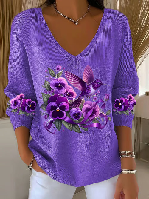 Women's Alzheimer Awareness Floral Plaid Casual Pullover Sweater