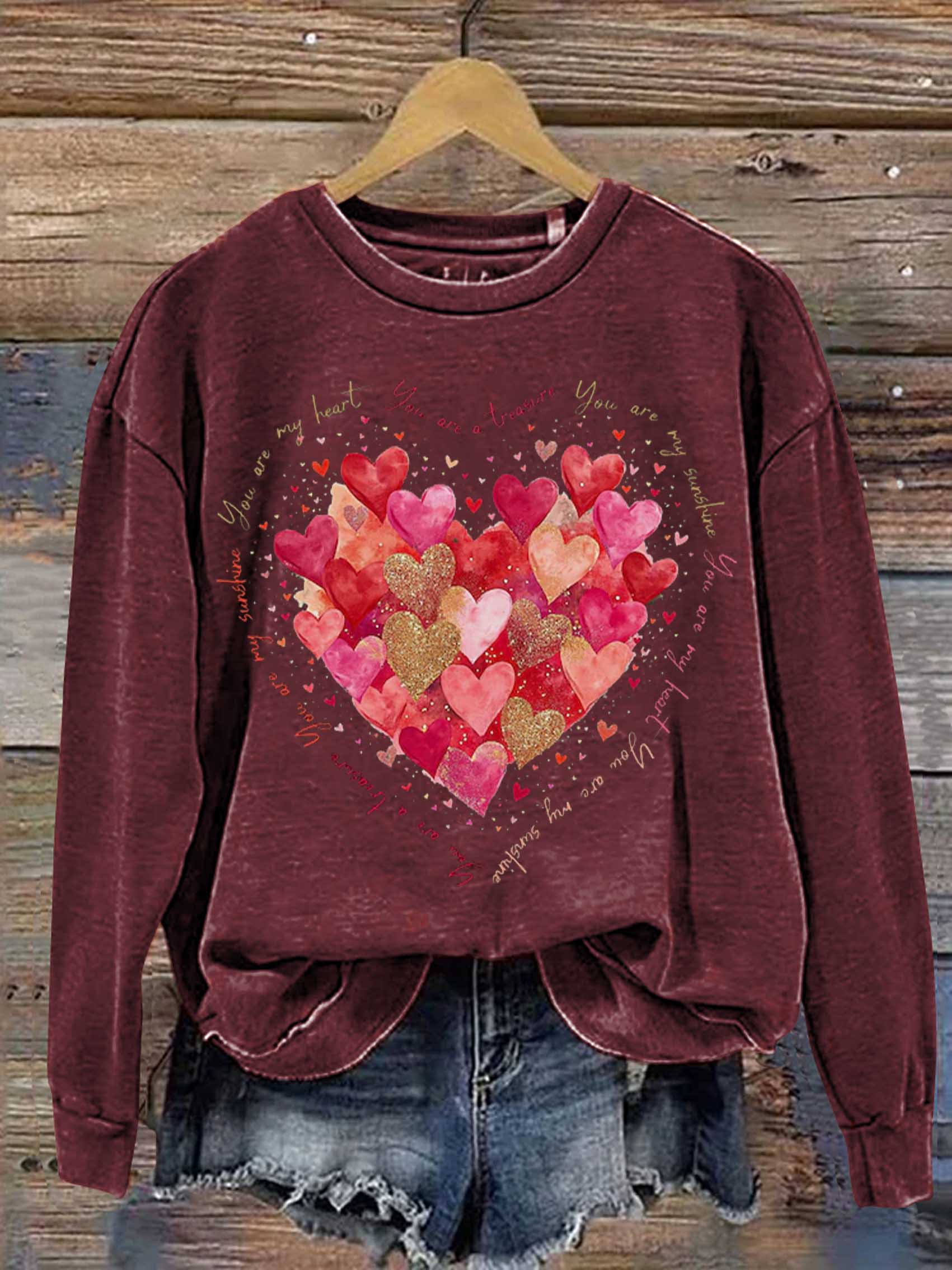 You Are My Heart, You Are My Sunshine Valentine's Day Print Casual Sweatshirt