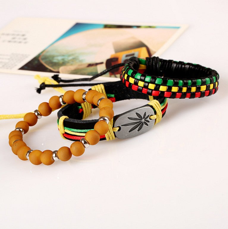 Jamaican Hiphop Reggae Three-color Braided Leather Bracelet Jewelry