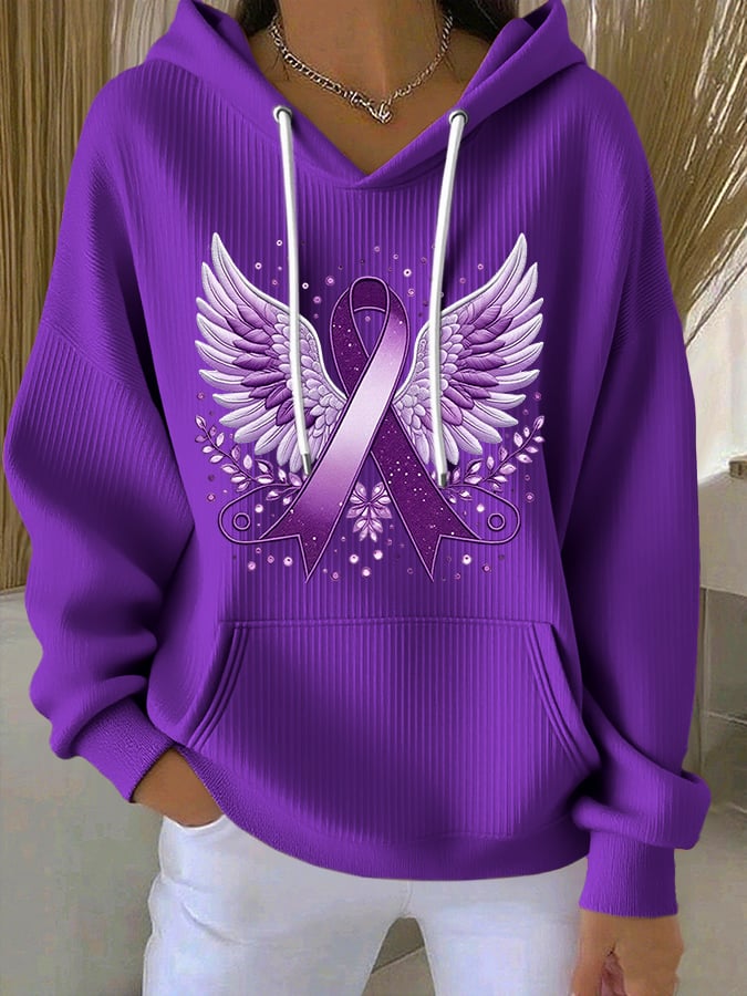 Women's Casual Purple Alzheimer's Ribbon Wings Textured Hoodie