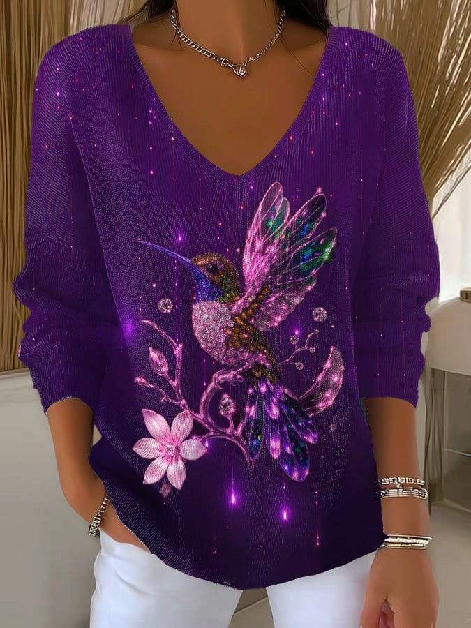 Women's casual Alzheimer's purple hummingbird striped long-sleeved top