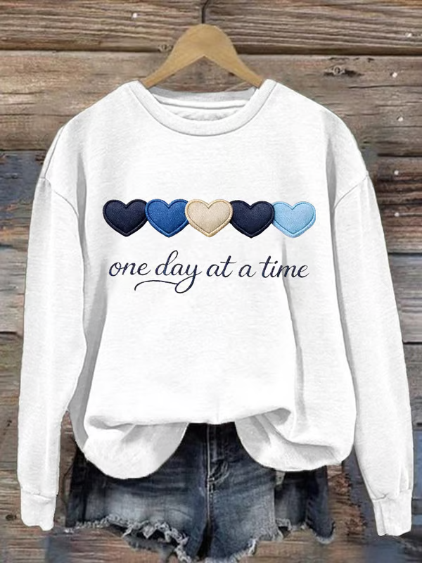 One Day At A Time Heart Print Casual Sweatshirt