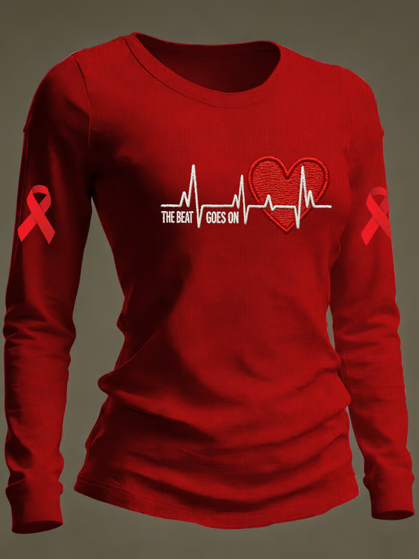 Women's The Beat Goes On Heart Disease Awareness Casual Long-sleeved T-shirt