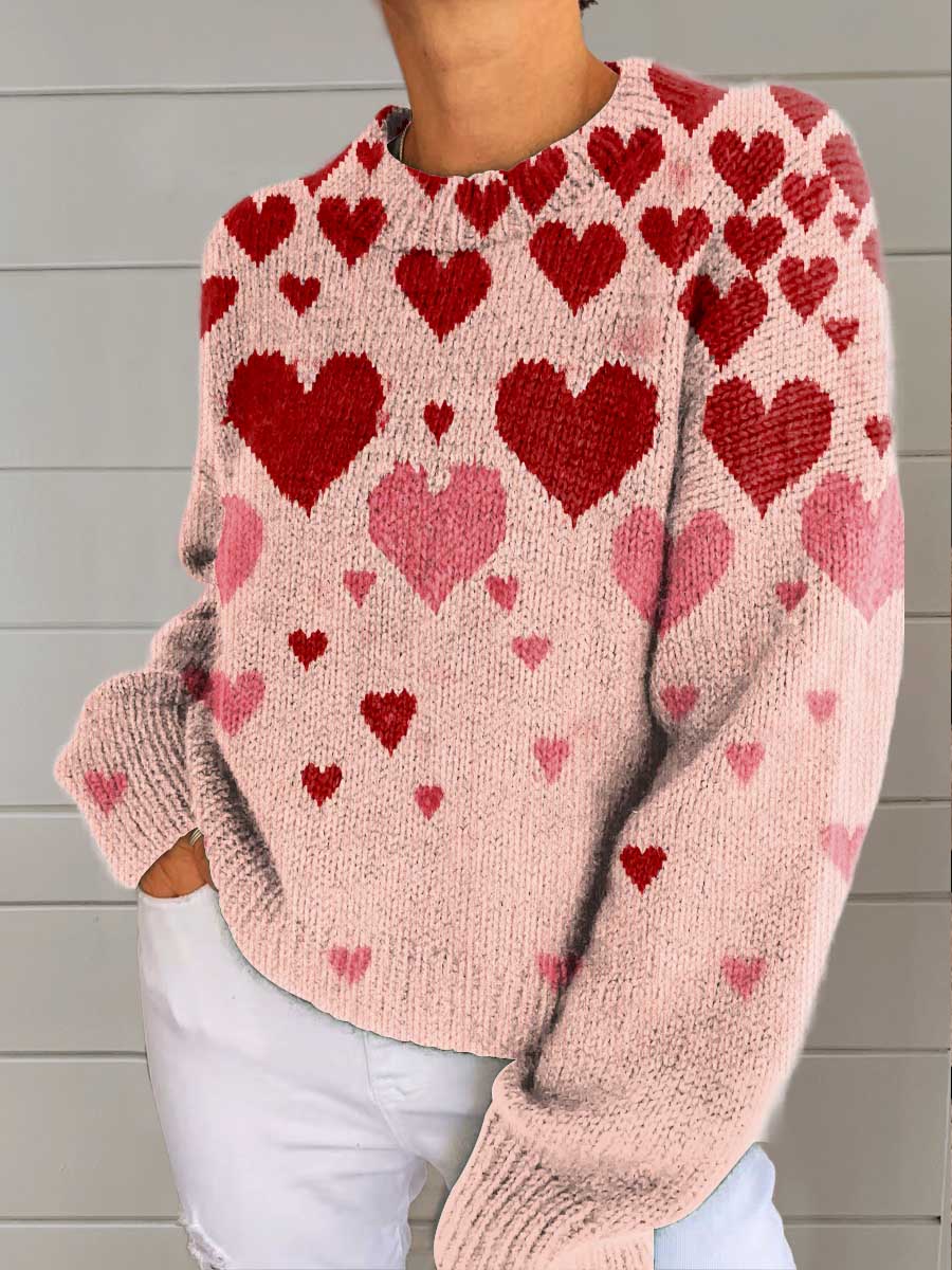 Heart Print Knit Pullover Sweater
