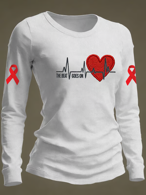Women's The Beat Goes On Heart Disease Awareness Casual Long-sleeved T-shirt