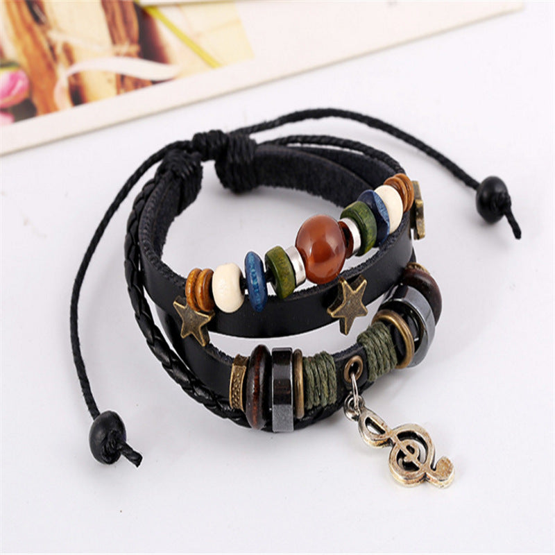 Beaded Alloy Notes Leather Vintage Cowhide Bracelet