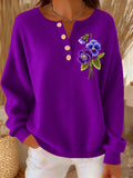 Women's Casual Purple Floral Button-Down Knitted Top