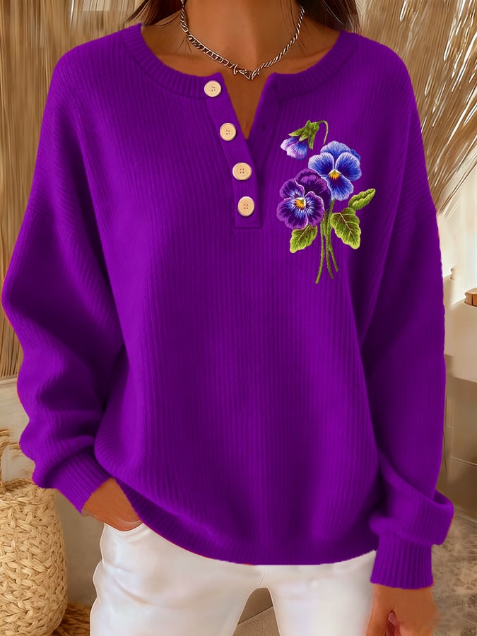 Women's Casual Purple Floral Button-Down Knitted Top