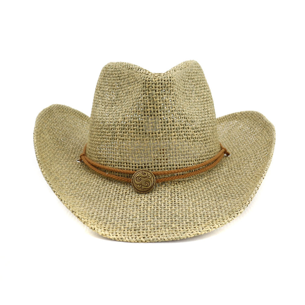 Western Cowboy Sandy Beach Sun Protect Straw Hat With String
