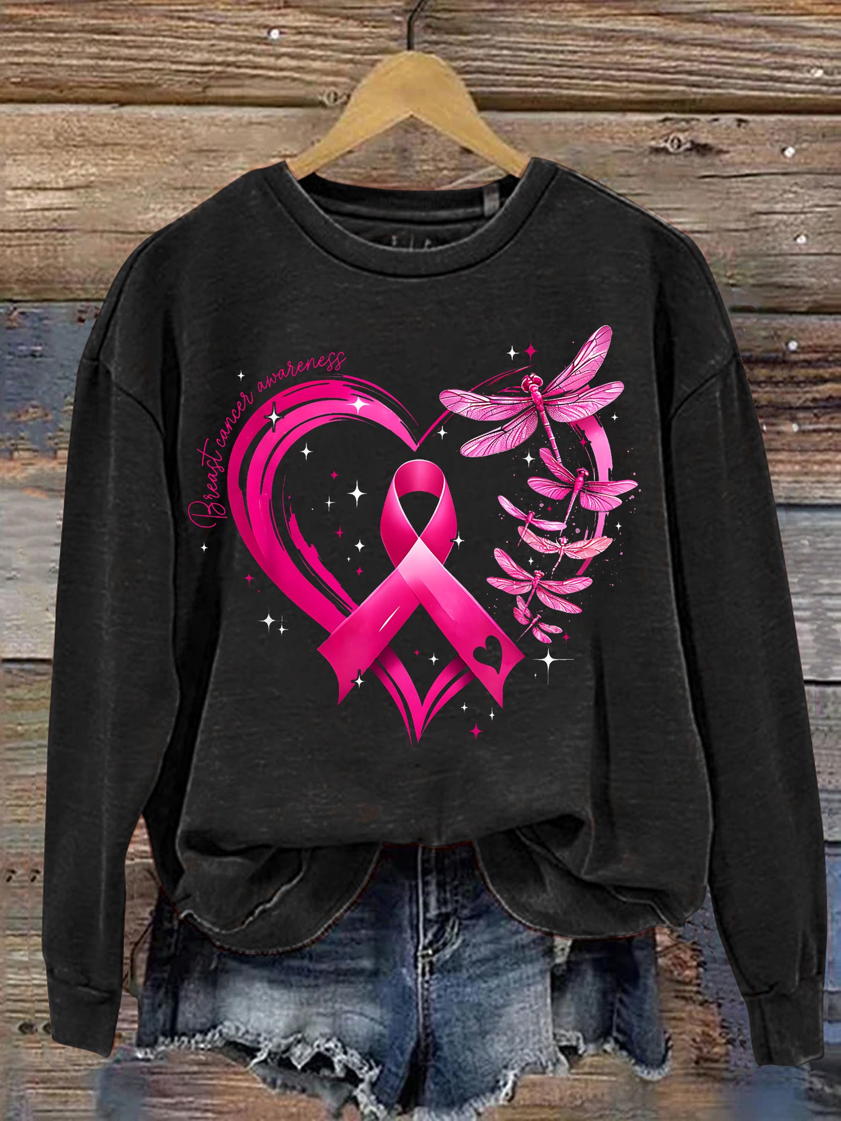 Breast Cancer Awareness Dragonfly Heart Print Casual Sweatshirt