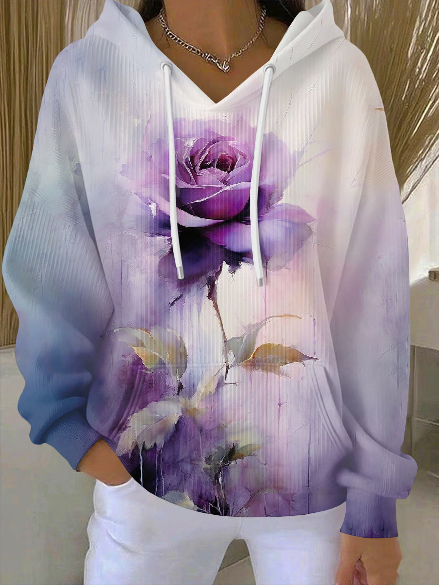 Vintage Purple Floral Art Print Casual Hoodie