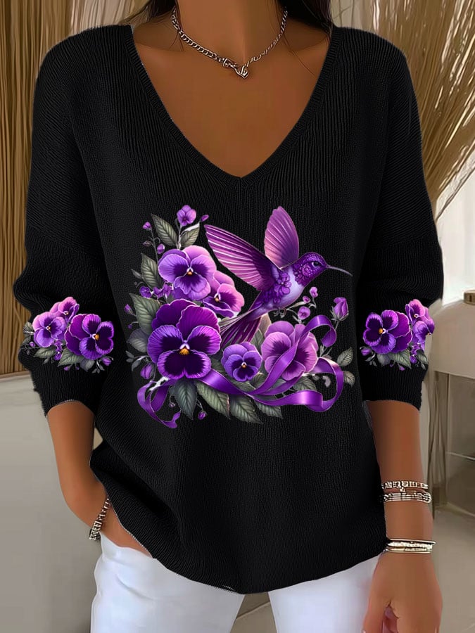 Women's Casual Alzheimer's Awareness Purple Hummingbird Print Long Sleeve T-Shirt