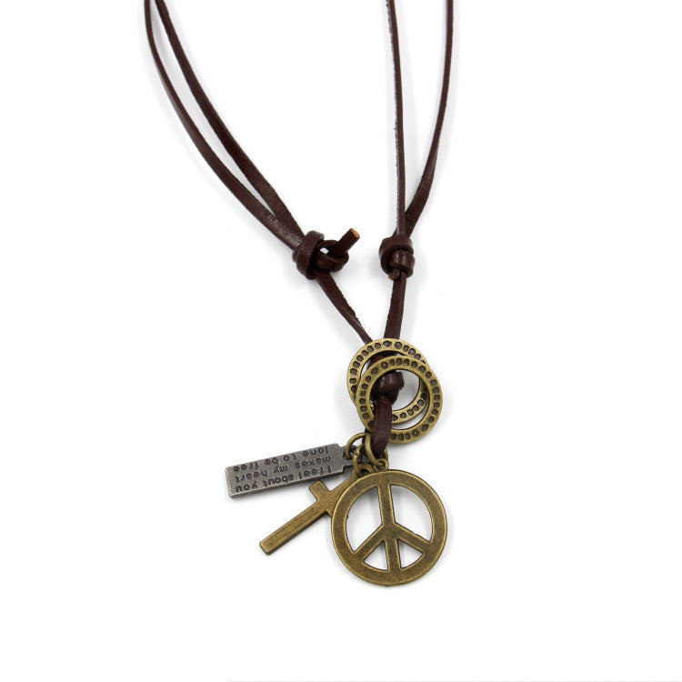 Peace sign Leather Vintage sweater chain