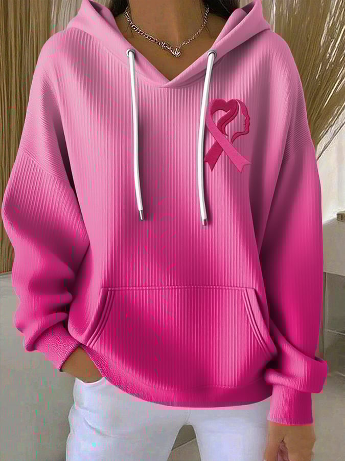 Women's Casual Breast Cancer Ribbon Heart Texture Hoodie
