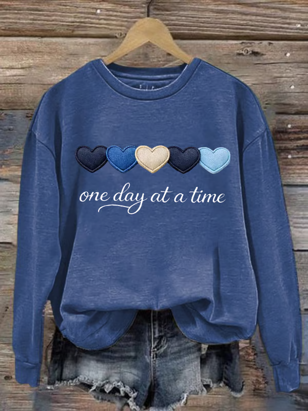 One Day At A Time Heart Print Casual Sweatshirt