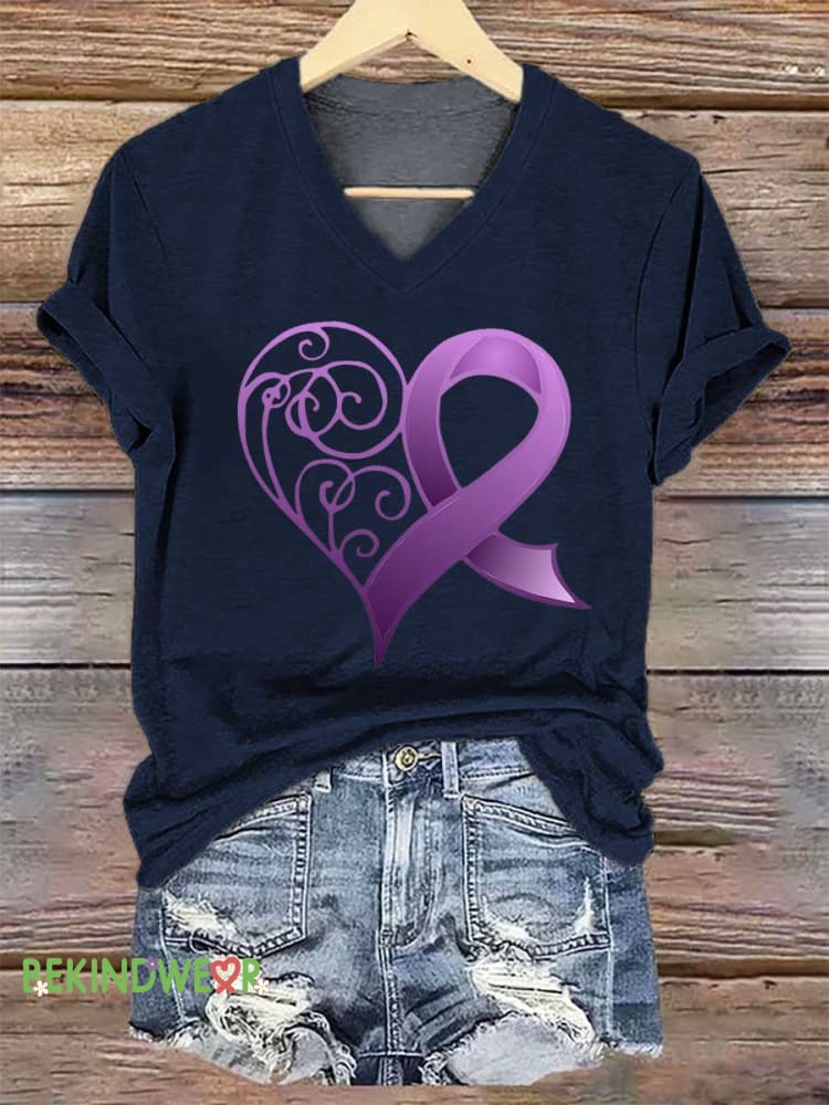 Women's Heart Purple Ribbon Alzheimer's Awareness V-neck Casual T-Shirt