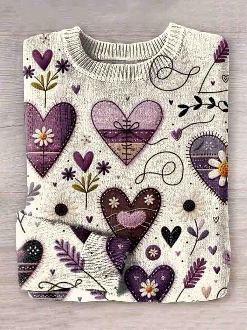 Purple Love Heart Retro Collage Print Knit Pullover Sweater