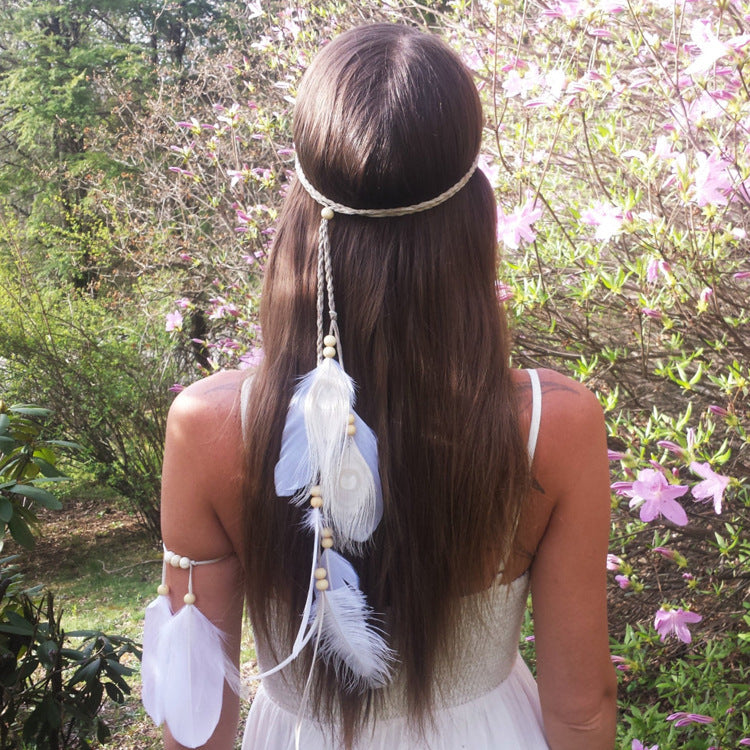 White Peacock Feather Holiday Bohemian Hair Band & Bracelet Set