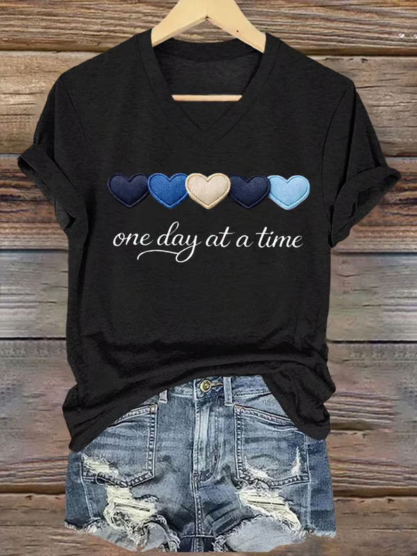 One Day At A Time Heart V-neck Casual T-shirt